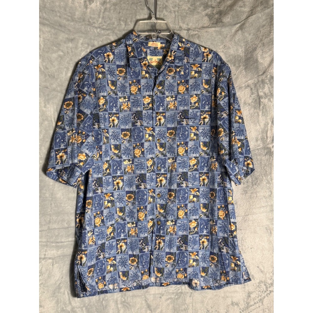 Reyn Spooner Hawaiian Shirt Mens Large Blue Yellow Floral Patchwork Cotton ALOHA